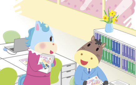 かわいいキャラクター（馬）の情報誌表紙イラスト。オフィス