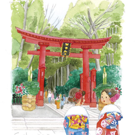水彩　神社参拝のイラスト