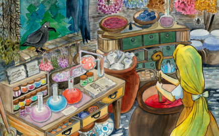 水彩　魔法の薬を作るシーンのイラスト