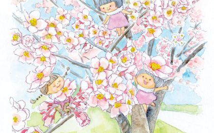 水彩画　桜の花と妖精さんのイラスト