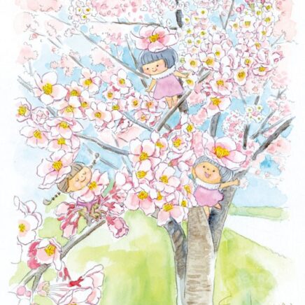 水彩画　桜の花と妖精さんのイラスト