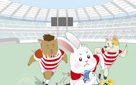 かわいいキャラクターの情報誌表紙イラスト。ラグビー