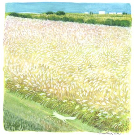 水彩画　ススキと白いキツネのイラスト