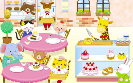 ケーキやさんで　ケーキを注文した　動物のかわいい　子どもたちイラスト
