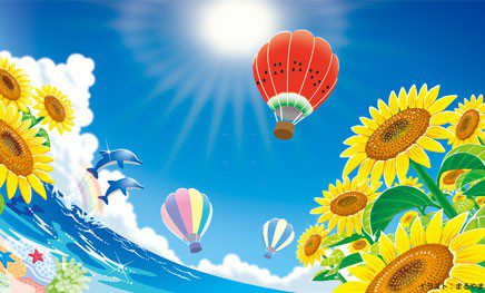 夏の風景イラスト　ひまわり・イルカ・気球・海