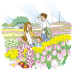 春のチューリップ畑をファミリーで楽しむ優しい風景画