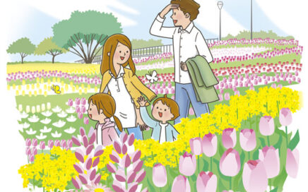 春のチューリップ畑をファミリーで楽しむ優しい風景画